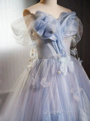 Glitter A-Line Off Shoulder Tulle Flower Quinceanera Dresses Blue Long Evening Prom Dresses Beautiful