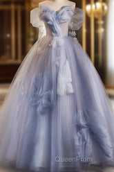 Glitter A-Line Off Shoulder Tulle Flower Quinceanera Dresses Blue Long Evening Prom Dresses Beautiful