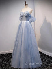 Glitter A-Line Princess Off Shoulder Tulle Gray Blue Long Evening Prom Dresses Sparkly Evening Dresses