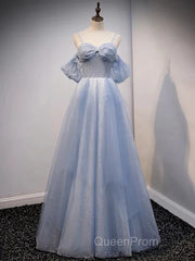 Glitter A-Line Princess Off Shoulder Tulle Gray Blue Long Evening Prom Dresses Sparkly Evening Dresses