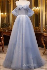 Glitter A-Line Princess Off Shoulder Tulle Gray Blue Long Evening Prom Dresses Sparkly Evening Dresses