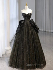 Glitter A-Line Sweetheart Neck Tulle Satin Ballgown Black Long Evening Prom Dresses Sparkly Evening Dresses