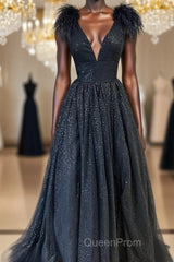 Glitter Feathers V-Neck Empire Waist A-Line Evening Prom Gown,Evening Party Dresses