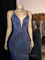 Glitter Mermaid Evening Prom Dresses Long Spaghetti Straps V Neck Open Back Formal Evening Party Gowns