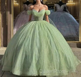 Glitter Off The Shoulder Beading Tulle Long Quinceanera Dresses