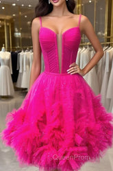 Glitter Straps Hot Pink Ruffle A-Line Homecoming Dresses