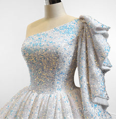 Glitter White Sequined One Shoulder Ball Gown Quinceanera Dresses