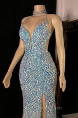 Glittering Spaghetti-Straps Sequins Evening Prom Dresses Mermaid Sleeveless With Slit