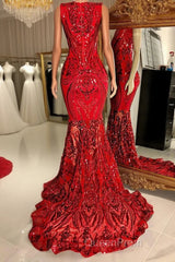 Glittery Long Red Mermaid Sleeveless Evening Prom Dresses Sequin