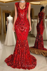 Glittery Long Red Mermaid Sleeveless Evening Prom Dresses Sequin