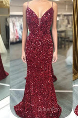 Glittery Mermaid Red Sequin V-Neck Lace-Up Back Evening Prom Dresses Gala Gown