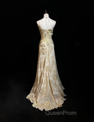 Gold A-Line Spaghetti Strap Satin Lace Long Evening Prom Dresses With Beaded Appliques