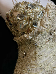 Gold A-Line Spaghetti Strap Satin Lace Long Evening Prom Dresses With Beaded Appliques