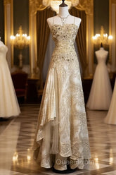 Gold A-Line Spaghetti Strap Satin Lace Long Evening Prom Dresses With Beaded Appliques