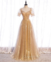 Gold Aline Tulle V Neck Long Evening Prom Dresses, Gold Evening Dresses