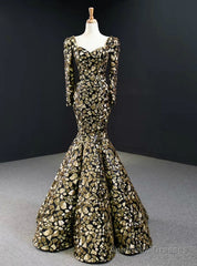Gold And Black Sequins Mermaid Long Sleeve Square Prom Dress