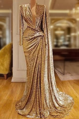 Gold Evening Dresses A-Line V-Neck Long Sleeves Sequins Long Turkey Dubai Saudi Arabic Evening Gown Evening Prom Dresses