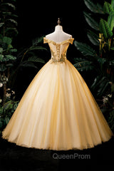 Gold Floor Length Tulle Beading Evening Dresses, Lovely Off the Shoulder Evening Party Dresses