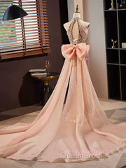 Gold Halter Beading Sequin Mermaid Evening Prom Dresses With Detachable Bow