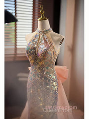 Gold Halter Beading Sequin Mermaid Evening Prom Dresses With Detachable Bow