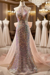 Gold Halter Beading Sequin Mermaid Evening Prom Dresses With Detachable Bow