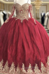 Gold Lace Charro Quinceanera Dresses Long Sleeve Off The Shoulder