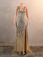 Gold Mermaid Sequins V-neck Split Prom Dress