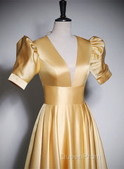 Gold Satin A-Line Short Sleeves Floor Length Party Dresses, Gold Simple Formal Dresses