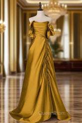 Gold Satin Off Shoulder Long Evening Dresses, Gold Satin Evening Prom Dresses