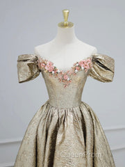 Gold Satin V-Neck Long Evening Prom Dresses With Flowers, Off The Shoulder A-Line Formal Dresses