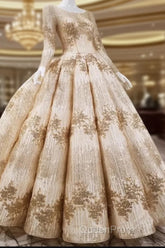Gold Sequins Ball Gown Wedding Dresses Long Sleeves Open Back