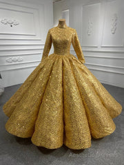 Gold Sequins High Neck Long Sleeve Prom Dress