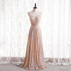 Gold Sequins Sweetheart Simple Spaghetti Straps Long Party Dresses, Sequins Evening Prom Dresses Bridesmaid Dresses