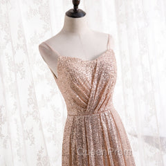 Gold Sequins Sweetheart Simple Spaghetti Straps Long Party Dresses, Sequins Evening Prom Dresses Bridesmaid Dresses