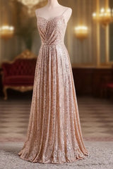 Gold Sequins Sweetheart Simple Spaghetti Straps Long Party Dresses, Sequins Evening Prom Dresses Bridesmaid Dresses