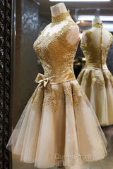 Gold Short Knee Length Lace Homecoming Dresses , Short Evening Prom Dresses, Pretty Formal Dresses