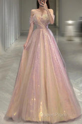 Gold Sparkle A Line Tulle Sequin Long Evening Prom Dresses