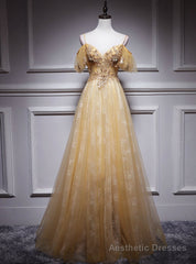 Gold Tulle Lace Sequins Appliques Backless Spaghetti Straps Prom Dress
