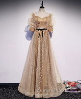 Gold Tulle Long Evening Prom Dresses, A line Gold Evening Graduation Party Dresses