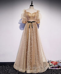 Gold Tulle Long Evening Prom Dresses, A line Gold Evening Graduation Party Dresses