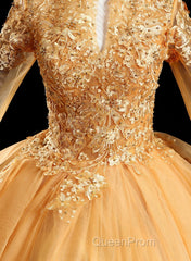 Gold Tulle Long Sleeves Lace Applique Formal Dresses, Ball Gown Sweet 16 Dresses