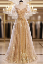 Gold Tulle V Neck Long Evening Prom Dresses Gold Tulle Formal Dresses
