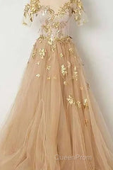 Golden Short Sleeves A-Line Tulle Evening Prom Dresses,