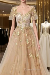 Golden Short Sleeves A-Line Tulle Evening Prom Dresses,