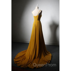 Goleden V-neckline Straps Long Party Dresses with Leg Slit, Long Gold Evening Dresses Evening Prom Dresses