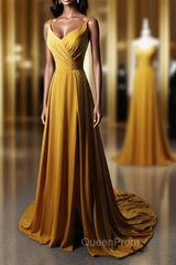 Goleden V-neckline Straps Long Party Dresses with Leg Slit, Long Gold Evening Dresses Evening Prom Dresses