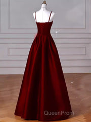 Gorgeous A Line Straps Satin Burgundy Evening Prom Dresses