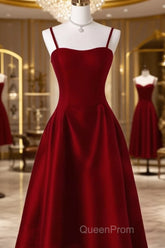 Gorgeous A Line Straps Satin Burgundy Evening Prom Dresses