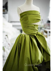 Gorgeous Balll Gown Strapless Green Satin Ruffles Long Evening Dresses Evening Prom Dresses
