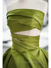 Gorgeous Balll Gown Strapless Green Satin Ruffles Long Evening Dresses Evening Prom Dresses
